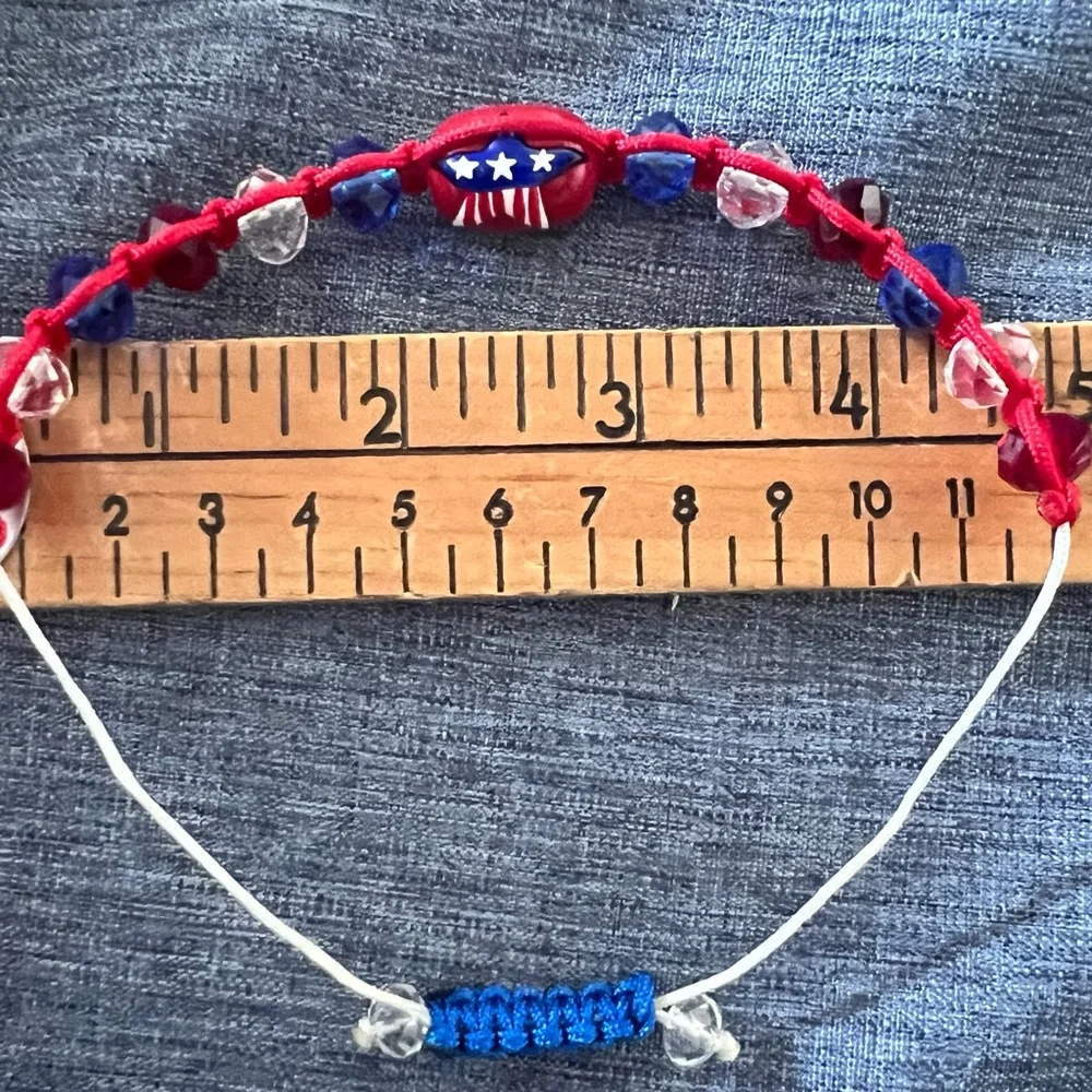 Hand Crafted Patriotic Bracelet Red, White, Blue Beads & Cord New